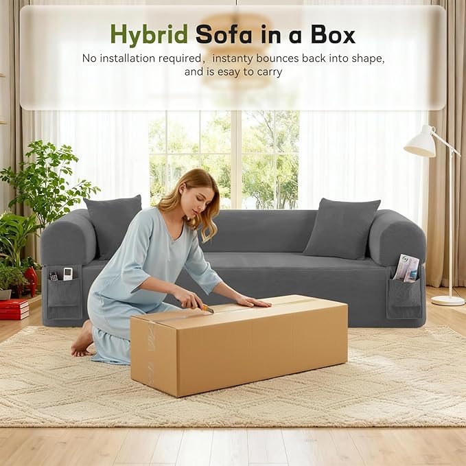 GJQ 3 Seater Couch, Corduroy Boneless Couches for Living Room,Compressed Cloud Sofa in a Box with 2 Pillows & Storage Bag,Memory Foam Floor Sofa with Armrests,No Assembly Required,Gray