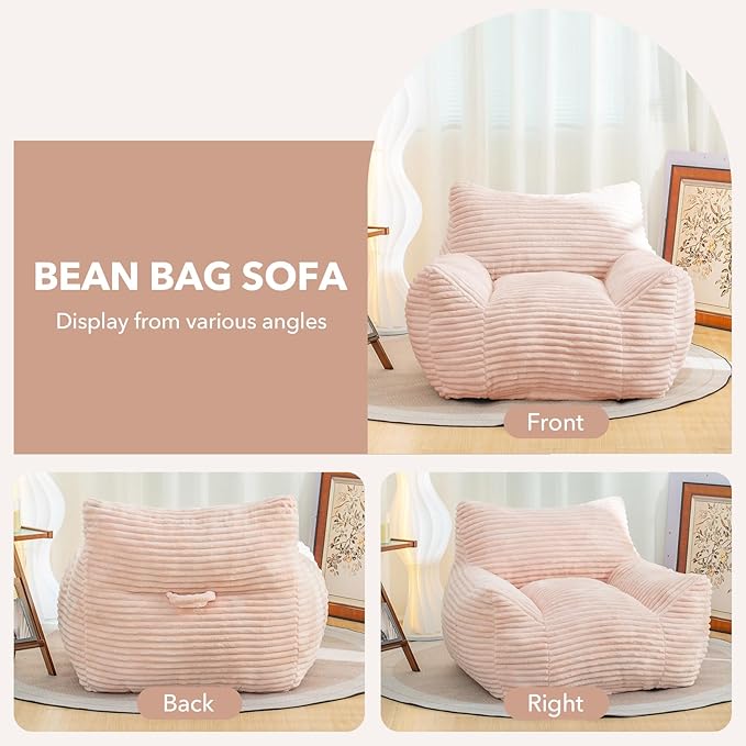 Giant Bean Bag Chair for Adults, Corduroy Upholstered Beanbag Chair with Side Pocket, Comfy Bean Bag Sofa with Portable Handle, Floor Sofa Chair for Bedroom (Pink)