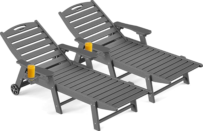 Ciokea Outdoor Lounge Chair Set of 2, HDPE Lounge Chairs with Rolling Wheels, Dark Grey