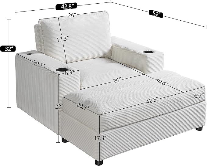 Merax 42.8" Oversized Chaise Lounge Chair with Storage Ottoman,Corduroy Sofa Bed with Cup Holders,USB Charging Port,Upholstered Sleeper Chair,Deep - Seat Reading Couch for Living Room,Bedroom,Beige