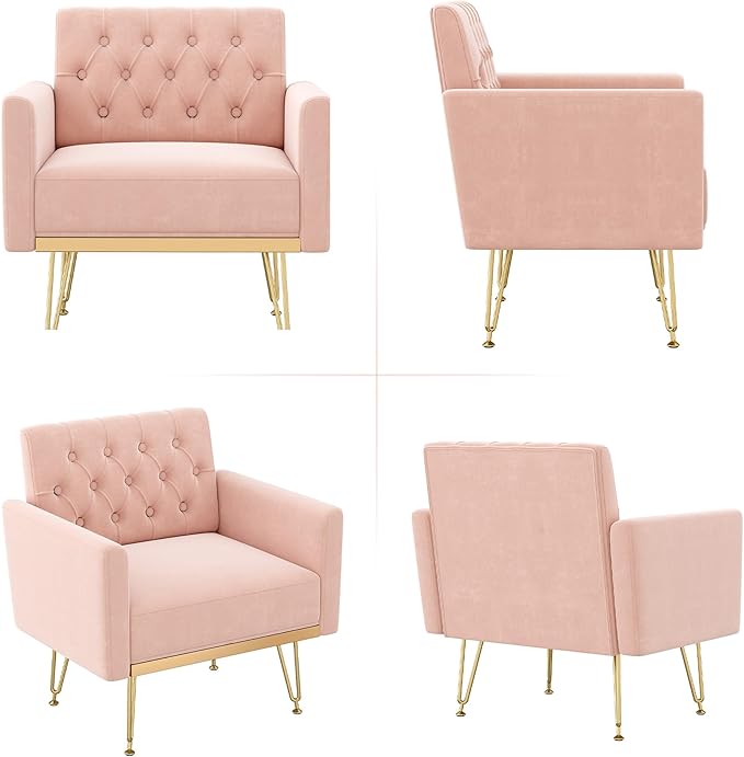 Accent Chair for Living Room, Comfy Oversized Velvet Upholstered Arm Chairs, Mid Century Modern Reading Single Sofa Side Chair with Tufted Back and Gold Legs for Bedroom (1, Pink)
