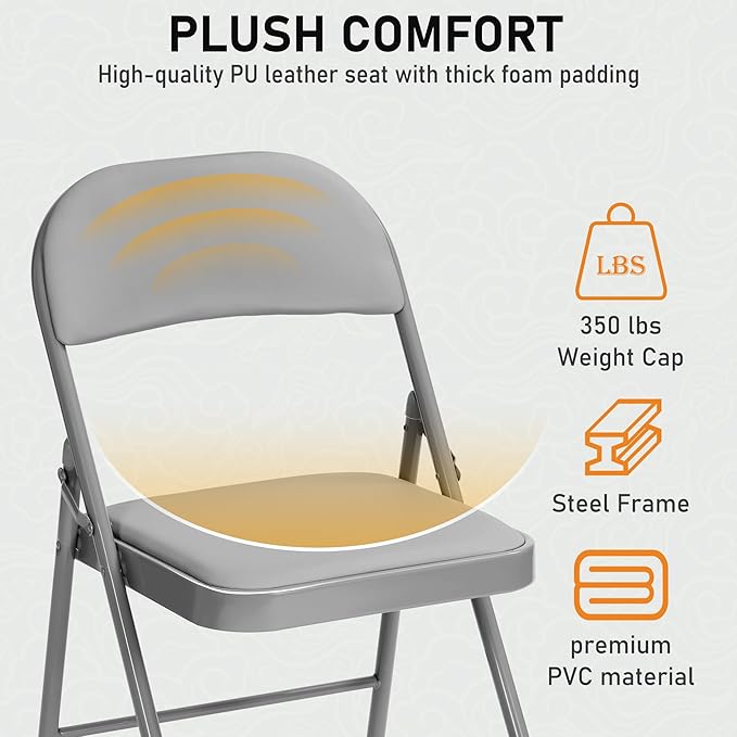 SEALAMB 6 Pack Grey Folding Chairs with Padded Seats & Cushion, Durable Metal Foldable Chairs for Wedding Party, Commercial Chairs for Office School Church Events, 330lb Capacity (Grey-PU, 6 Pack)