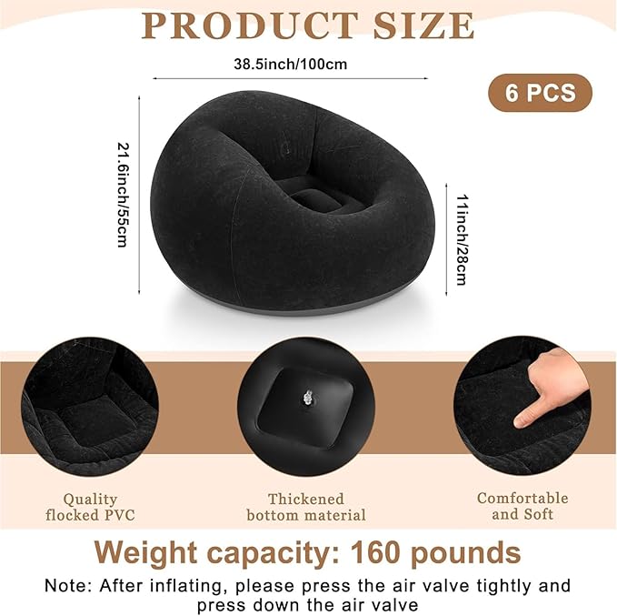 Realspring 6 Pcs Inflatable Bean Bag Chairs for Adults with Electric Air Pump, Blow up Couch Folding Portable Inflatable Couch Lazy Sofa for Outdoor Movie Nights Camping Room (Black)