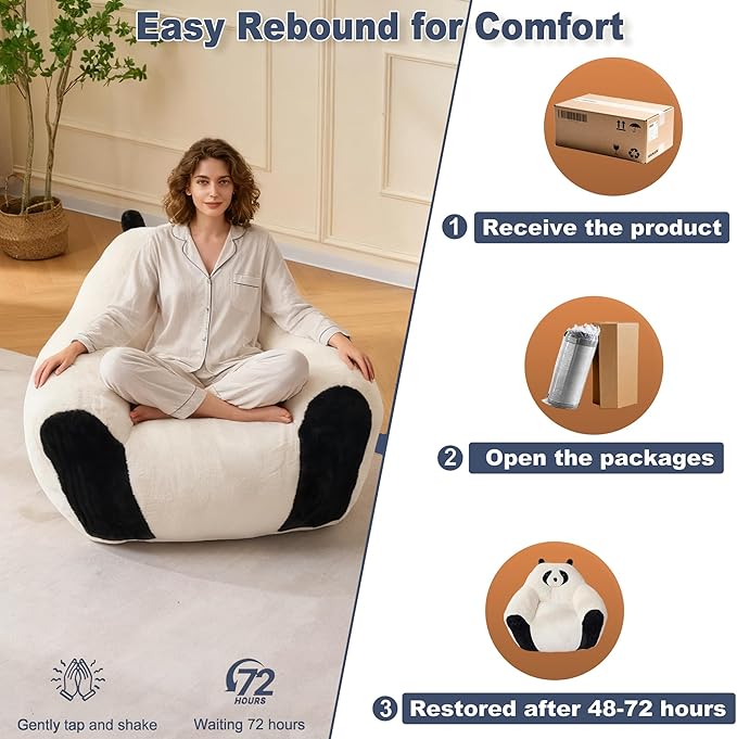 Giant Bean Bag Chair,Comfy Reading Nook Chairs for Bedroom,Animal Floor Chairs,Faux Fur Panda Bear Shaped Beanbag Chairs,Oversized Bean Bag Couch for Bedroom,Living Room