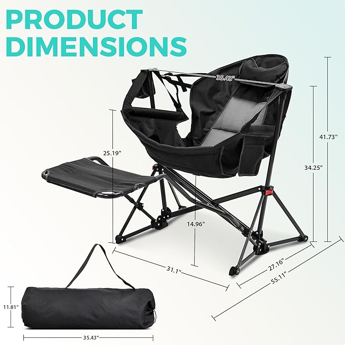 GDY Camping Chairs, Oversized Hammock, Folding Rocking Chairs, Adjustable Back Swing Chairs, Cup Holder, Outdoor Beach Lawn, Black