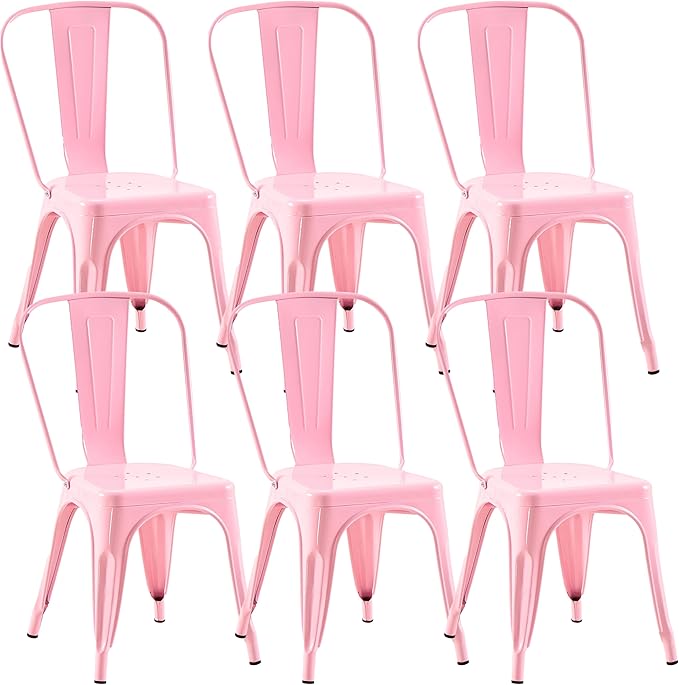 Metal Dining Chairs Set of 6,Stackable Tolix Chair Indoor/Outdoor for Kitchen,Cafe,Restaurant,Bistro & Patio Multiple Colors(Pink)