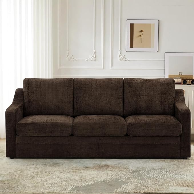 ACMEASE 83 Inches Chenille 3-Seat Sofa w/Comfortable Back Cushions, Modern Sofa w/Deep Seat Space, Upholstered 3 Seater Couch w/High Resiliency Foam for Living Room, Brown