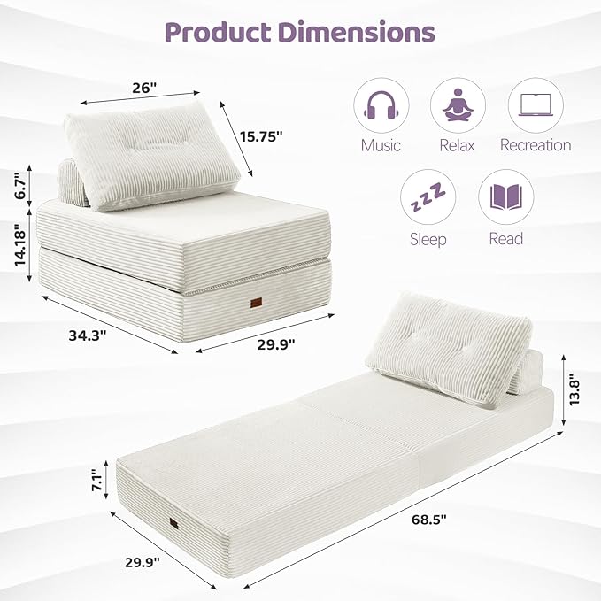 Fold Out Chair Bed, Floor Sofa Bed with High-Density Foam and Pillow Backrest,Portable 3 in 1Folding Chair Bed for Living Room、 Bedroom 、Balcony 、Hotel、 Apartment, Single, Creamy Apricot