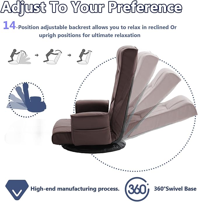 360 Degree Swivel Floor Chairs for Adults, Faux Leather Gaming Floor Chair with Back Support, 14 Angles Adjustable Comfortable Floor Lounge Chair Folding Video Game Chairs Office Bedroom