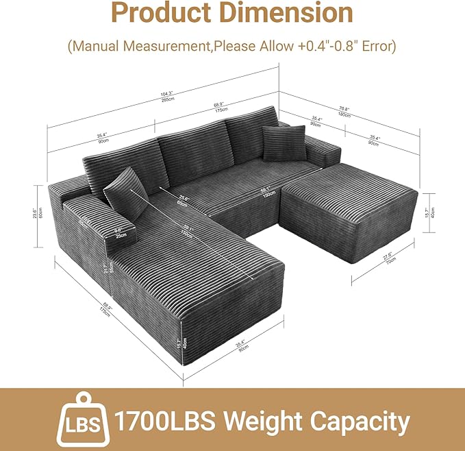 KAPEETOO Modular Sectional Sofa Cloud Couch with Left Chaise Longue, U Shaped Boneless Couch with Ottoman Deep Seat, Oversize 3-Seater Boneless Sofa Set for Living Room Bedroom (Grey)