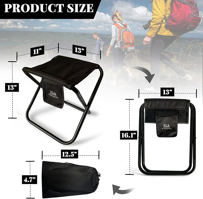 K-MingleSo Upgraded Portable Folding Stool, 13 Inch Camping Stool for Adults Fishing Hiking Gardening and Beach with Carry Bag, Hold Up to 450lbs[Black]