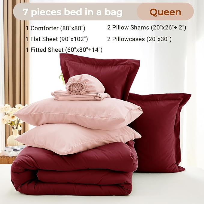MUXHOMO 7 Pieces Queen Comforter Set, Soft Bed in a Bag Queen Size, All Season Bedding Set with Comforter, Flat Sheet, Fitted Sheet, Pillowcases & Shams, Burgundy & Rose Gold