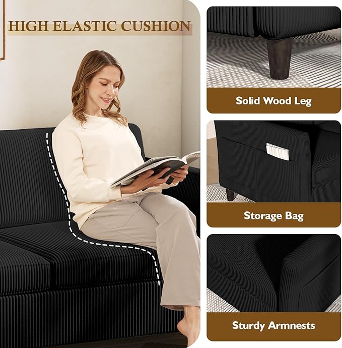 Valthie 60.6" Small Corduroy Loveseat Sofa, Mid-Century Modern 2-Seater Couch with Side Pockets for Small Spaces, Black – Perfect for Living Room, Bedroom, Office & Apartment