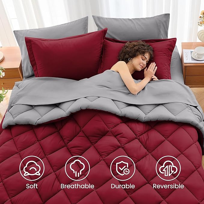 MUXHOMO 7 Pieces King Comforter Set, Reversible Bed in a Bag King Size, All Season Bedding Set with Comforter, Flat Sheet, Fitted Sheet, Pillowcases & Shams, Burgundy & Grey