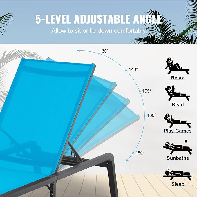 VEVOR 2 Pcs Chaise Lounge Chairs Outdoor, Aluminum Patio Lounge Chair with Adjustable 5-Position, Folding Pool Chairs Recliner and Full Flat Tanning Chair for Patio, Beach, Pool, Blue, 2 pcs