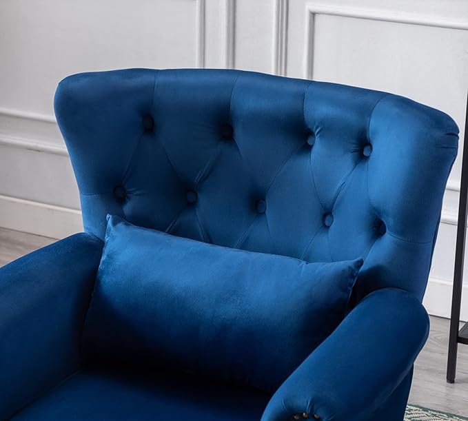 Janoray Mid Century Modern Accent Chair Upholstered Armchair Comfy Velvet Fabric Single Sofa with Tufted Wingback for Small Spaces Bedroom Living Room, Blue