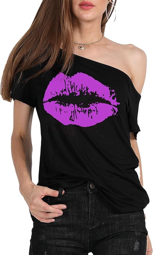 MAGICMK Women’s Short Lips Print Causal Off The Shoulder Plus Size T-Shirt Tops