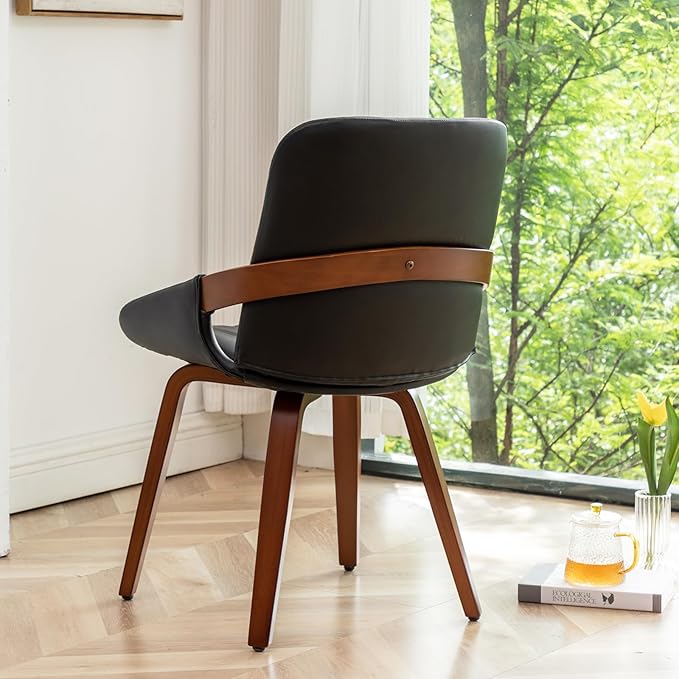 YOUUGIOR Mid Century Modern Faux Leather Upholstered Dining Chairs,Armless Accent Chairs with Sturdy Natural Wood Legs,Bamboo Backrest Support for Kitchen&Dining Room Chairs(Set of 4,Black PU)
