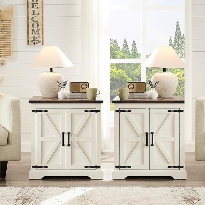 Barnyatoh Farmhouse End Table with Charging Station,24" Large Side Table with Barn Door, Rustic Wood Square Nightstand Bedside Table with Adjustable Shelf for Living Room, Bedroom,Antique White 2-Pack