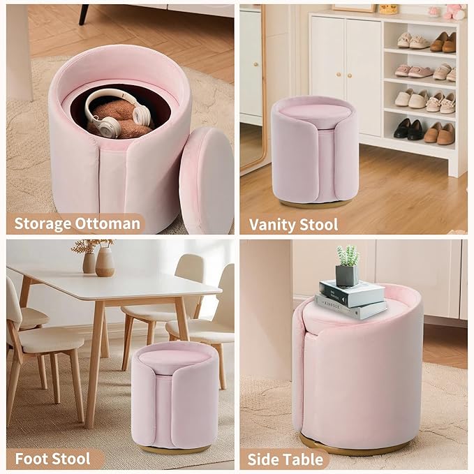 Vanity Chair with Storage, Round Velvet Vanity Stool No Wheels, Swivel Ottoman Chair with Upholstered for Women, Makeup Chair Accent Stool with Back for Living Room, Bedroom, Gold Base, Pink