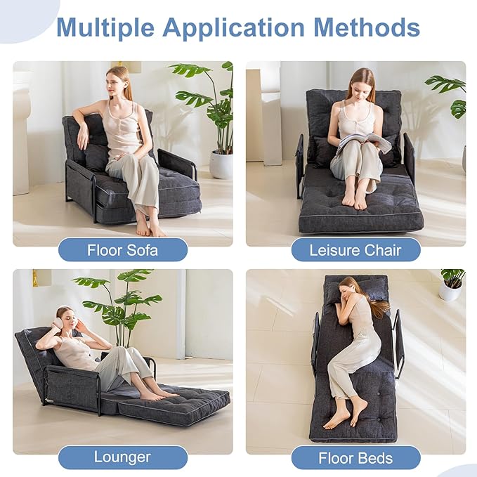 YOSHOOT Adjustable Lazy Floor Sofa, Folding Couch Bed with 5 Positions Adjustable Backrest, Convertible Bean Bag Sofa Bed Couch Foldable Sleeper Chair with Pillow for Reading Gaming（Grey, Single）