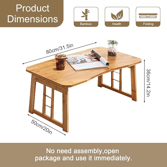 Japanese Bamboo Folding Floor Table for Sitting on Floor, Tatami Table Foldable, No Assembly, Low Tables for Small Spaces Living Room/Portable Zen Chabudai for Meditation - Light Brown