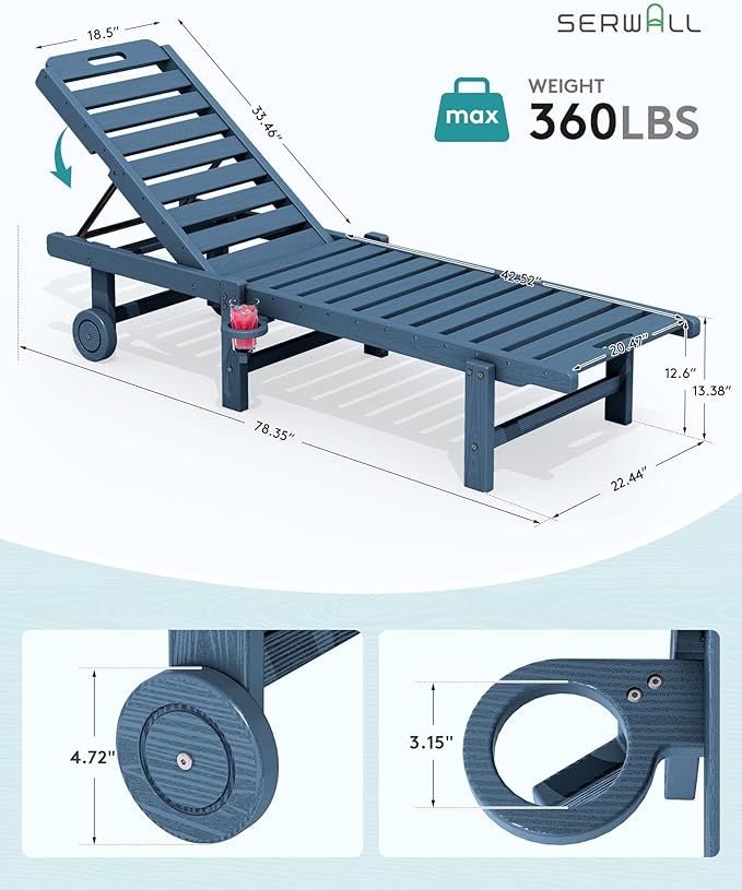 SERWALL Patio Chaise Lounge Set of 2, 78" Long Outdoor Lounger with Cup Holder and Rolling Wheels, HDPE Pool Chaise for Poolside, Deck, Sunbathing, Blue