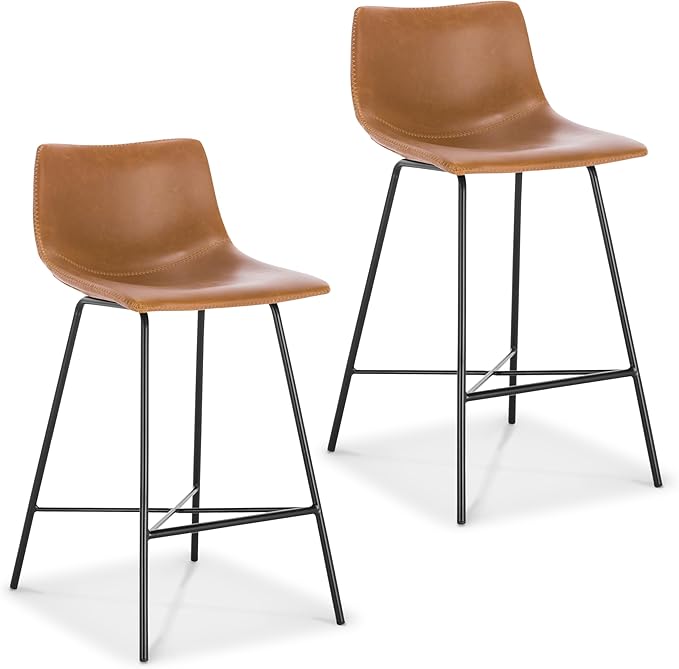 POLY & BARK Paxton Leather Counter Stools 24 Inches – Set of 2 - Counter Height Bar Stools with Back – Modern Barstools for Kitchen Island or Counters – Faux Leather & Matte Black Steel Base – Tan