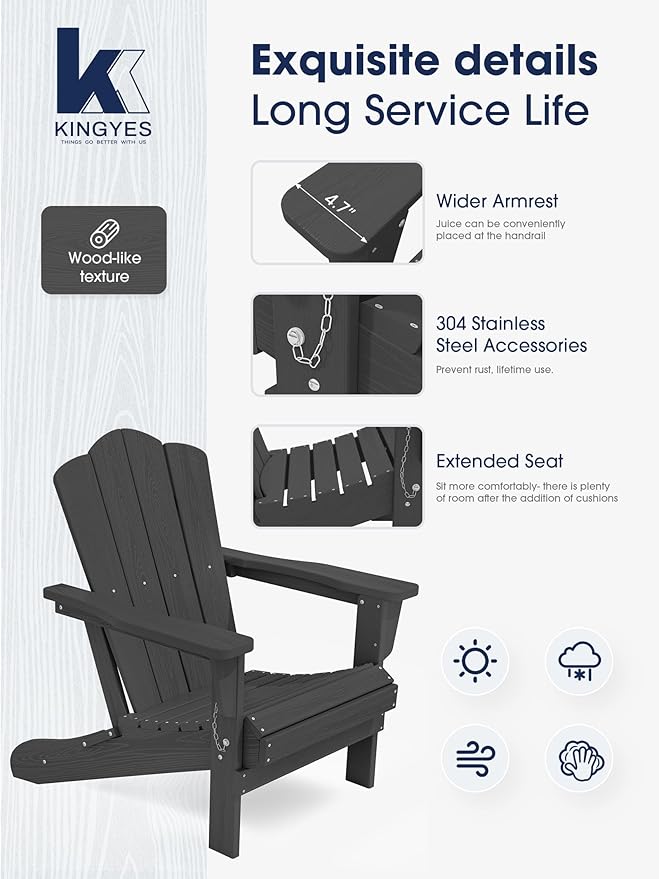 KINGYES Folding Adirondack Chair Set of 4, HDPE All-Weather Folding Adirondack Chair, Grey