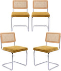 Zesthouse Dining Chairs Set of 4, Natural Rattan Accent Chairs with Solid Wood Back & Stainless Chrome Base, Mid Century Modern Breuer Design Inspired, Upholstered Velvet Kitchen Chairs, Yellow