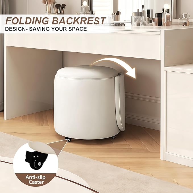 Rolling Round Vanity Chair with Storage, Swivel Makeup Chair with Folding Back, PU Leather Small Upholstered Ottoman for Bedroom Living Room