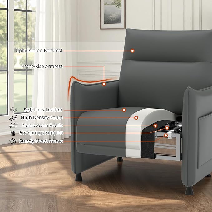 Upholstered Accent Sofa, Modern Faux Leather Sofa Chair with Hidden Foldable Tray & Side Pocket, Front Contour Arm Design, Small Accent Sofa for Bedroom, Gray