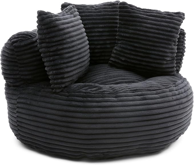 Bean Bag Chair, Corduroy Oversized Chair for Adults, Comfy Big Accent Sofa Lounge Floor Chair, Stuffed Bean Bag Couch for Gaming, Reading, Living Room, Bedroom, Black