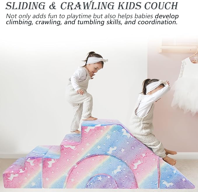 MeMoreCool Unicorn Modular Kids Sofa, Foam Couch Sofa with Slide & Stair Design, Convertible Glow Kids Couch for Playroom, Sectional Child Furniture for Bedroom Living Room, Unicorn Rainbow