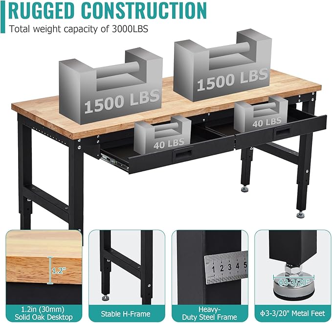 60 Inch Adjustable Height Rubber Wood Garage Workbench, Heavy Duty 3000LBS Work Bench with Drawers & Pegboard & Power Outlets Work Table for Garage, Workshop, Home Office