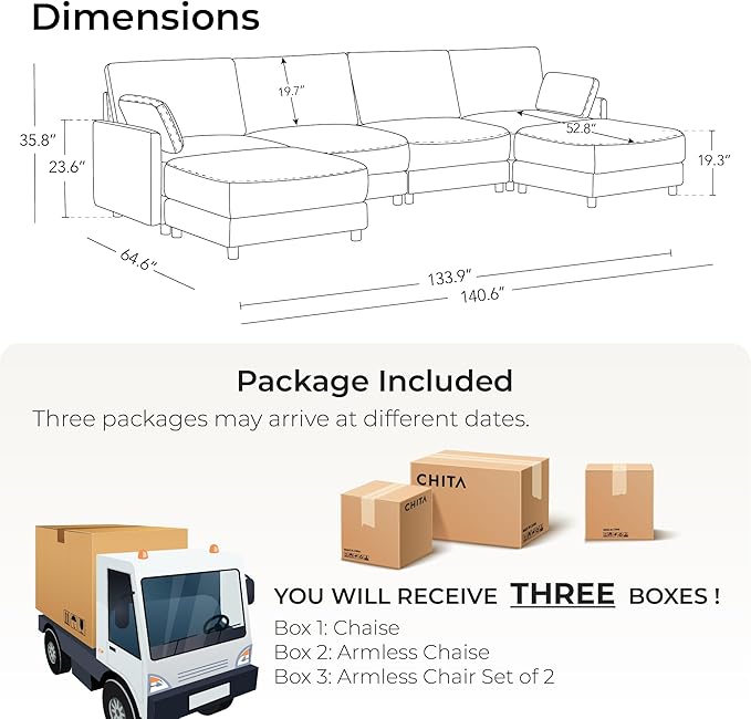 CHITA U Shaped Modular Sectional Sofa with 2 Ottoman, Modern Cloud Couch for Living Room and Apartment, 6 Seat Extra Comfty Sofa, Removable Cover, 141 Inch Width, Taupe