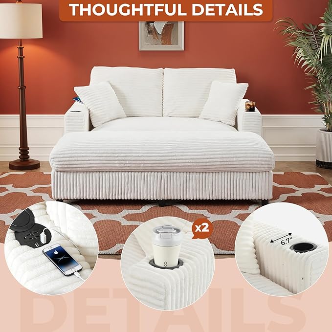 65" Oversized Chaise Lounge Chair Indoor, Upholstered Sofa Bed with Pillows & 2 Cup Holders, Sleeper Couch Comfy Corduroy Recliner Chair for Living Room, Movie Room, Bedroom, White