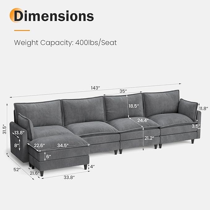 Apicizon 143" Cloud Sofa Sectional, L Shaped Cloud Couch with Side Storage Pocket, Modern Corduroy Sofa Set for Living Room, Office, Grey