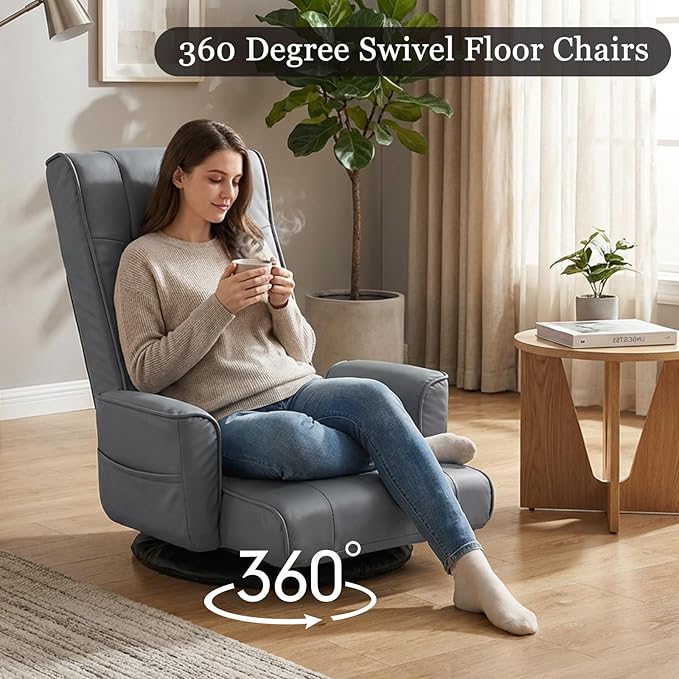 FLOGUOR 360° Swivel Gaming Floor Chair with Armrests – 14-Position Adjustable Folding Floor Sofa Lounger, Padded Backrest, Multi-Angle Recline for Home, Living Room & Office (Grey)