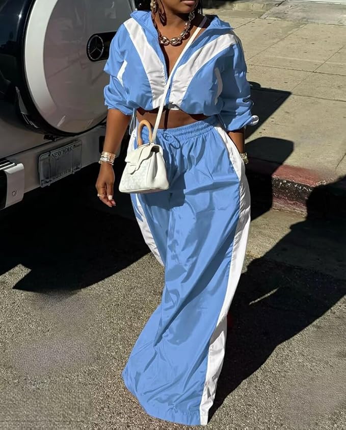 Women Striped 2 Piece Outfits Fall Workout Sets Windbreaker Tracksuit Crop Jacket Wide Leg Pants with Pockets