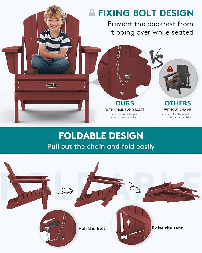 SERWALL Folding Adirondack Chair Set of 6 Weather Resistant for Patio - Red