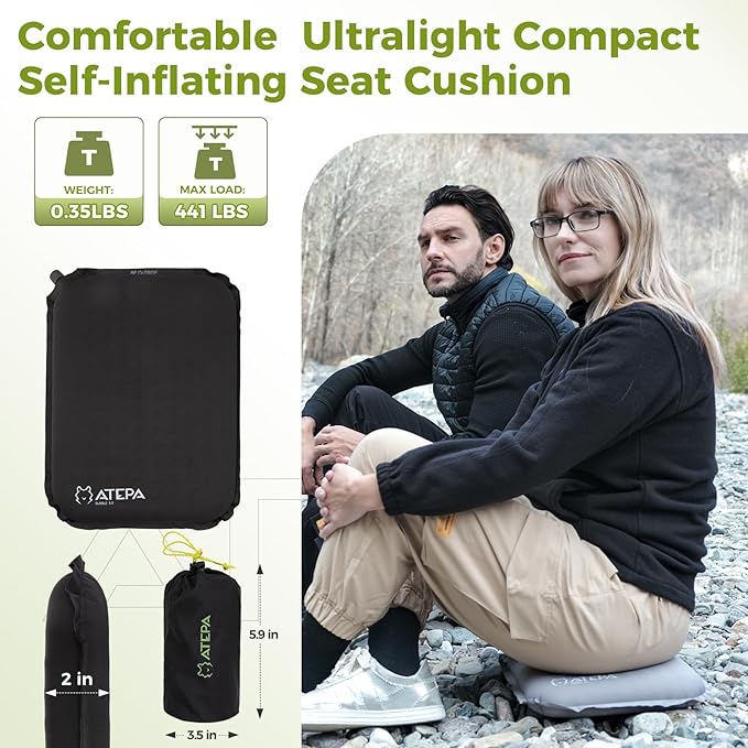ATEPA Inflatable Seat Cushion, Self-Inflating Portable Stadium Airplane Travel Foam Cushion Pad for Camping, Sports Events, Outdoor