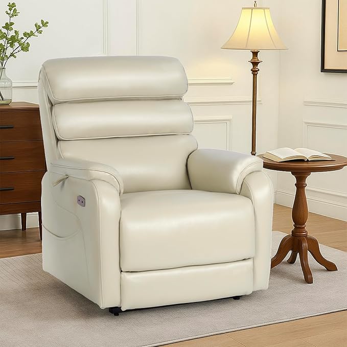 EONIX Dual Motor Lay Flat Power Lift Recliner Chair for Elderly, Breathable Leather Electric Lift Chairs for Adults, 400lbs Heavy Duty Power Recliner with Heat and Massage, SLRY003061, Cream White