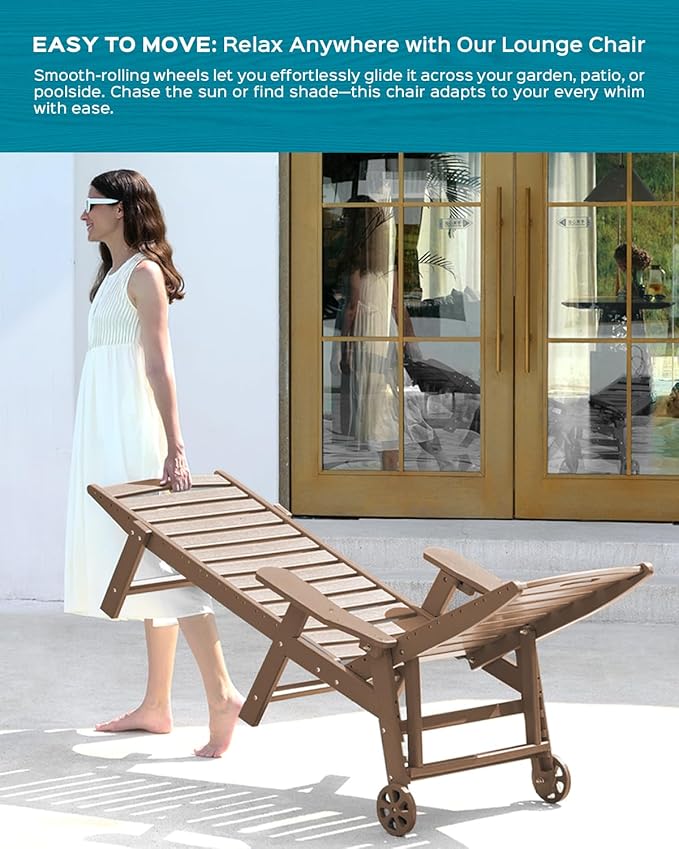 Outdoor Lounge Chair Set of 4, All Weather Patio Chaise Lounge Chairs for Outside, HDPE Chair with Rolling Wheels & Cup Holder, 5 Position, Deck, Pool, Brown