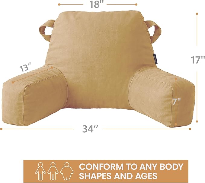Unisakey Portable Comfy Reading Pillows for Bed Sitting Up(Camel Oeko-Tex), Velvet Back Pillow with Arms & Pockets for Adults, Support Memory Foam Bed Pillow for Dorm/Reading/Watching/Gaming