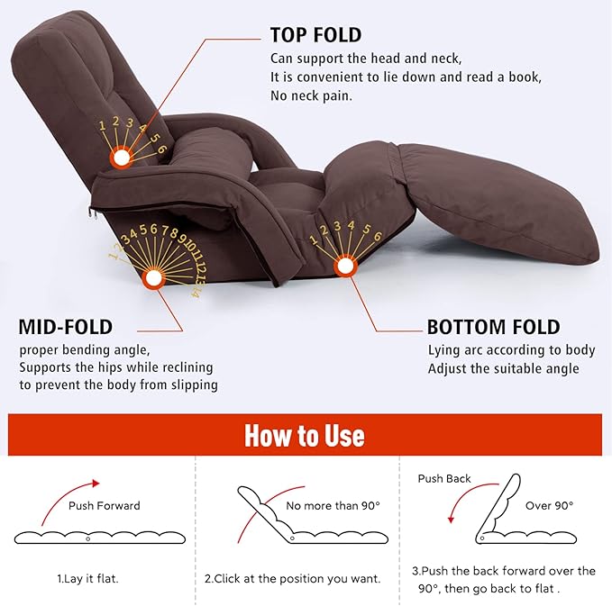 Foldable Lazy Sofa Bed 14-Position Adjustable Comfy Floor Chair Chaise Lounge with Armrests and Pillow with Gaming Recliner for Adults Kids with Foot Rest Futon Sofa (Brown)