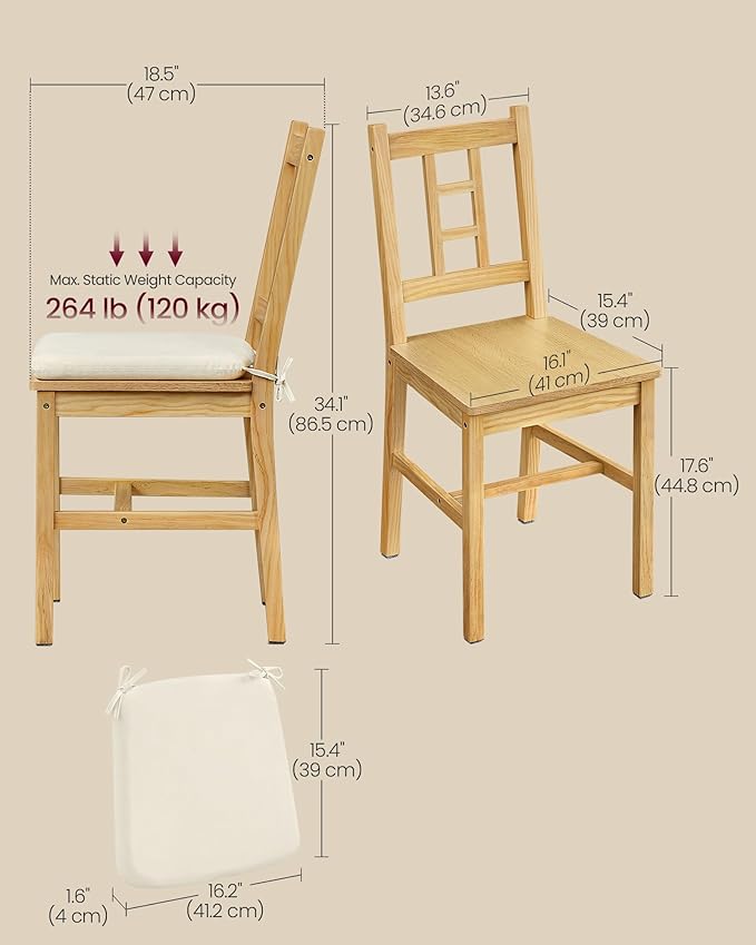 VASAGLE Wooden Dining Chairs, Set of 6, Kitchen and Dining Room Chairs, Removable Cushion, Curved Back, Each Supports 264 lb, Golden Oak UKDC150N16