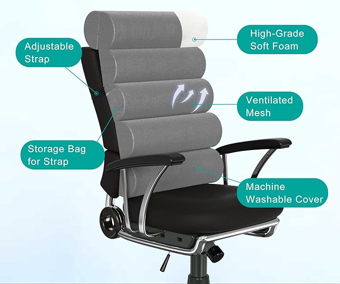 Back Support Pillow for Office Chair with Neck Support,Lumbar Pillow Adjustable for Chair,Patented 6 semi-Circular Foldable Back Cushion Hanging on Desk Chair/Couch/Recliner,Soft