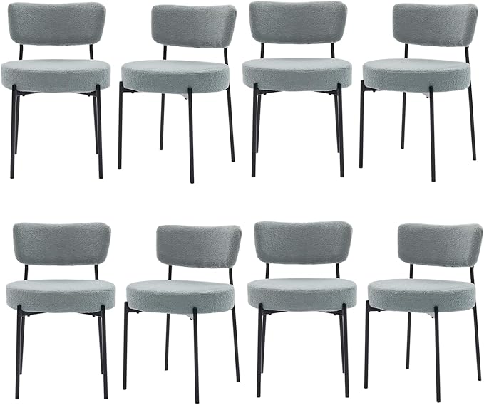 Stabrech Grey Boucle Dining Chairs Set of 8, Upholstered Dinner Chair with Metal Frame, Dining Room Chairs with Padded Seat, Round Modern Seating for Living Room