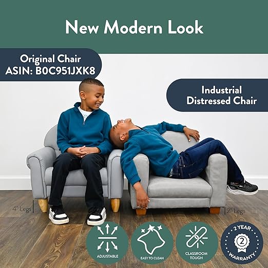 Children's Factory As We Grow Modern Chair, Flexible Seating for Classroom Elementary, Adjustible Playroom Furniture, Faux Distressed Leather Gray
